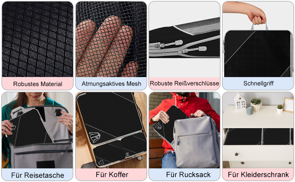 Органайзер для валізи, набір 6 шт. Компресійні кубики для пакування, дорожній органайзер, чорний (8 шт.)