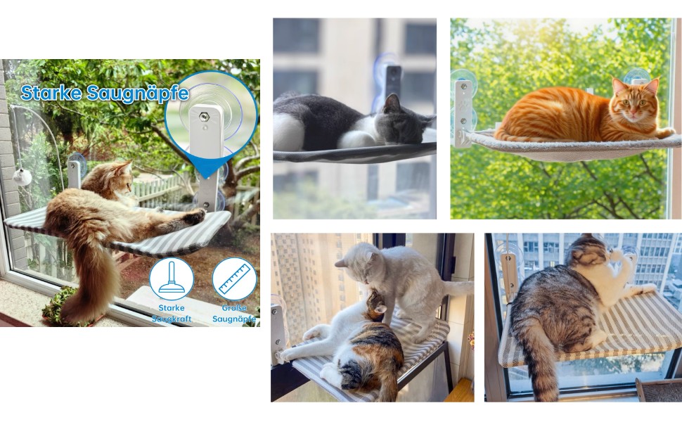 Кігтеточка-ліжко для котів на вікно, гамак з міцними присосками до 18 кг, знімний та перевертаний чохол, складана та стабільна (смужки, L)