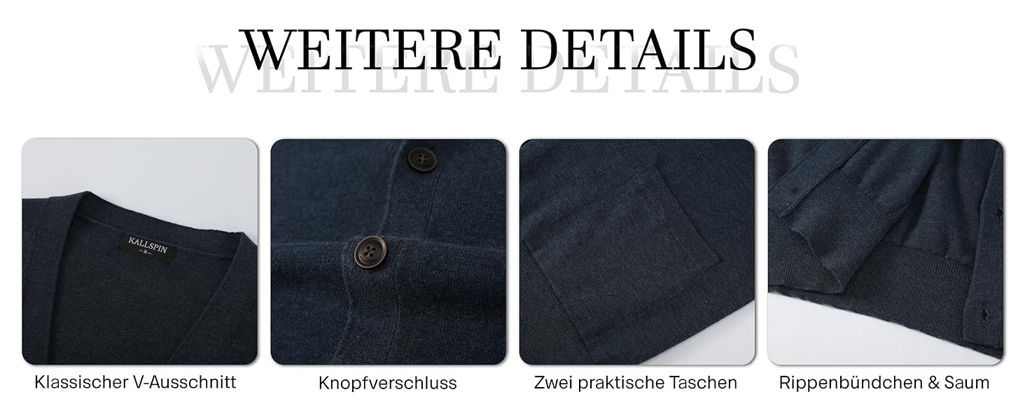 Чоловічий кардиган Kallspin з 100% бавовни, V-подібний виріз, довгі рукави, на ґудзиках та з кишенями, темно-синій, розмір M