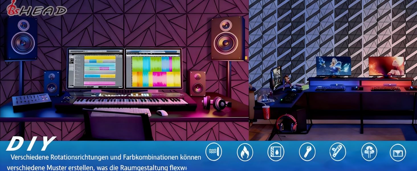 Акустичні панелі BSHEAD самоклеючі для звукоізоляції стін, шумопоглинаючий пінополіуретан 30x30x1.2 см, чорний