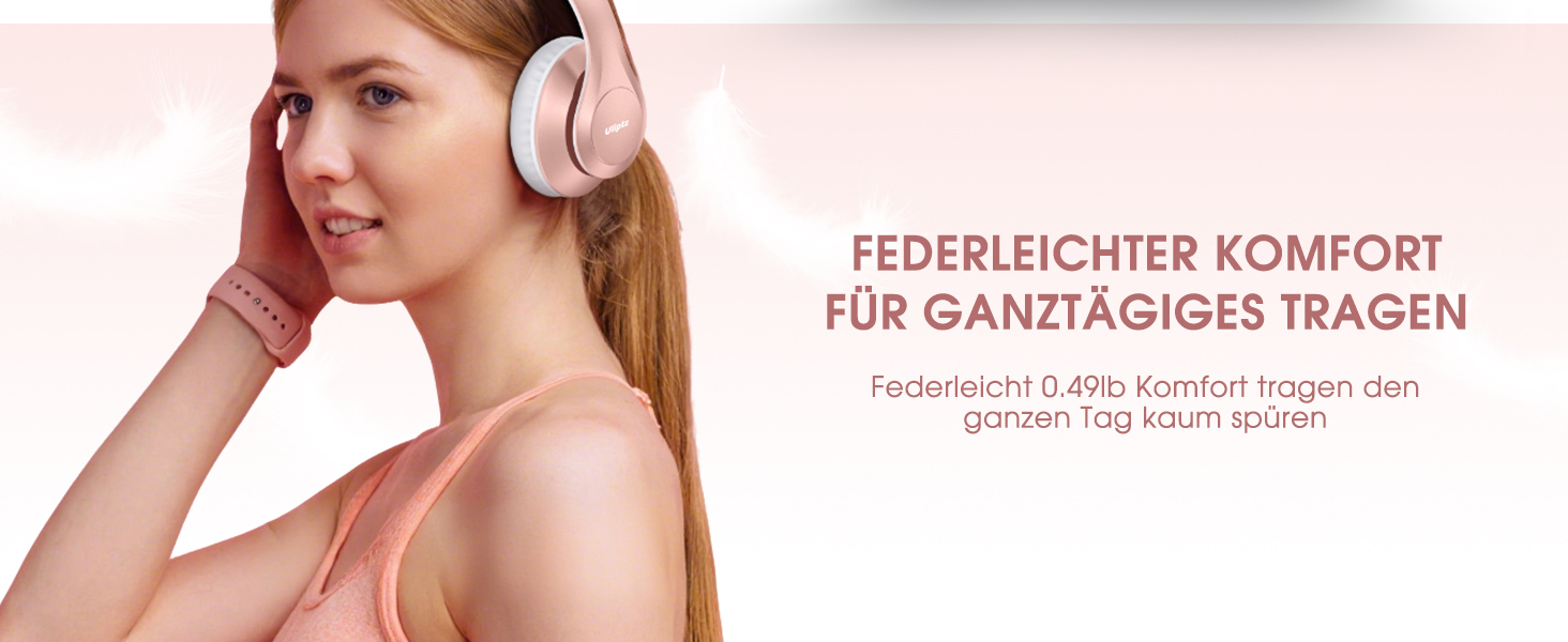 Бездротові навушники Uliptz Over-Ear Bluetooth з 65 годинами роботи, 6 EQ-режимів, HiFi стерео, складні, для подорожей/офісу/телефону/ПК (Рожеве золото)