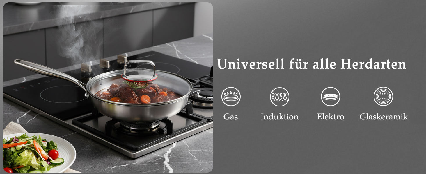 Сковорода з нержавіючої сталі 30 см Titan, з кришкою, для індукційних плит, 18/10, підходить для духовки та посудомийної машини