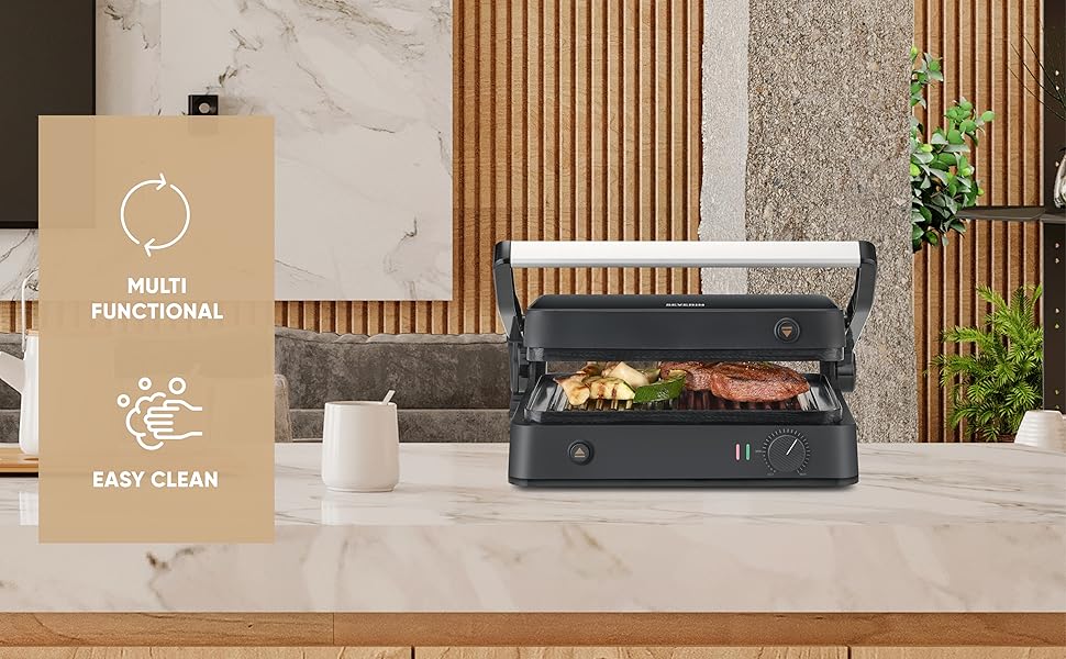 SEVERIN SEVINI Lite, Contact Grill for Meat, Fish & Vegetables, Ceramic-Coated Sandwich Maker for Fat-Free Grilling, Indoor Grill up to 220°C Heat, 1,800 W, black, KG 2398