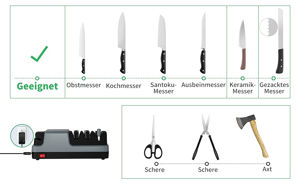 Електричний точило для ножів 4-в-1: прямі, зубчасті, керамічні ножі та ножиці, сірий колір