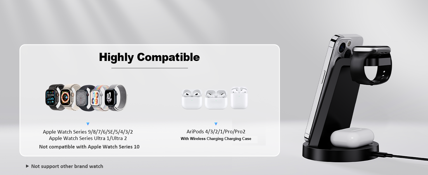 Зарядна станція 3 в 1 для iPhone з бездротовою зарядкою, 18W, сумісна з Apple iPhone 16, 15, 14, 13, 12, 11, X, Pro, Max, Apple Watch та AirPods, чорна