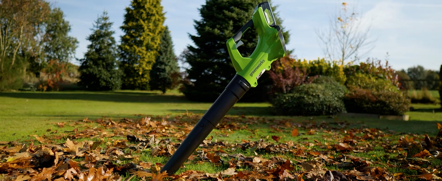 Greenworks G24ABK2 Axial Cordless Leaf Blower, 156 km/h, 4.27 m³/min, 24V 2Ah Battery & Charger, 3-Year Warranty