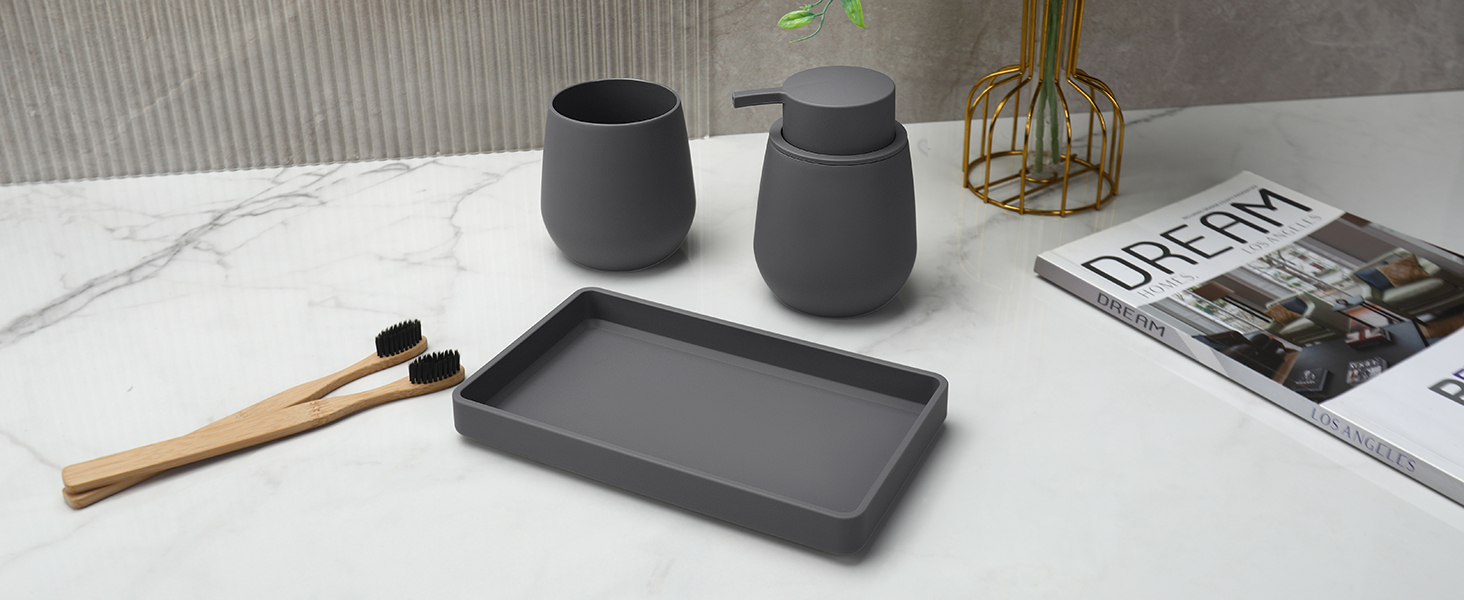 Сучасний набір для ванної кімнати AJEUNGAIN сірого кольору: мильниця, стакан для зубної пасти, піднос. 3 предмети.