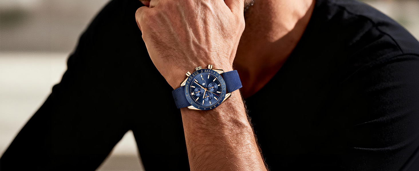 Годинник чоловічий BENYAR Chronograph з аналоговим кварцовим механізмом, шкіряний ремінець, стильний дизайн для бізнесу та спорту, водонепроникність 30M, елегантний подарунок для чоловіків (чорний ремінець/рожево-золотий корпус/чорний циферблат)