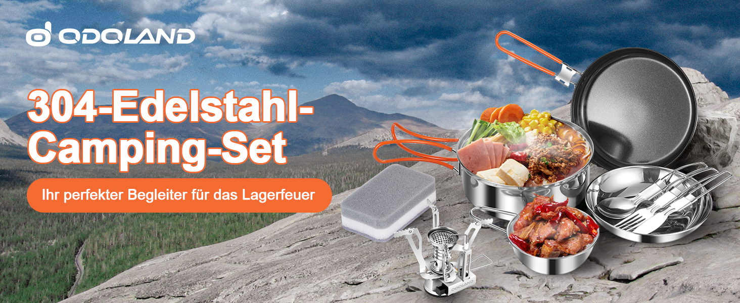 Набір посуду для кемпінгу Odoland з нержавіючої сталі 10 предметів: каструля, сковорода, тарілки, миски, виделки, ножі, ложки. Ідеально для пікніків, походів та кемпінгу.