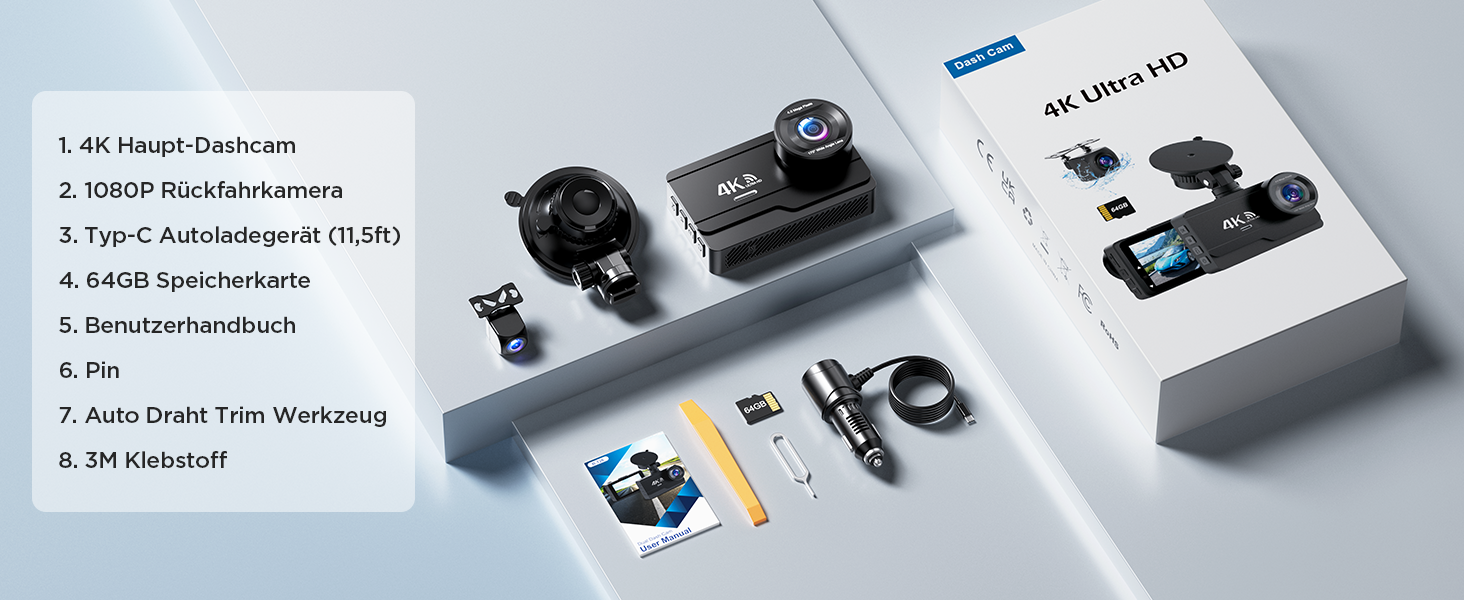 Відеореєстратор SIGRILL 4K/2K/1080p з Wi-Fi, двокамерний, з SD-картою 64GB, нічне бачення, кут огляду 170°, G-сенсор, паркувальний режим, Loop-запис, підтримка до 256GB