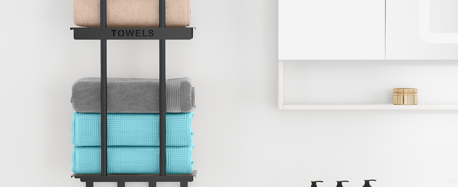 Чорний триярусний тримач для рушників з металевою полицею та 4 гачками, 86 см