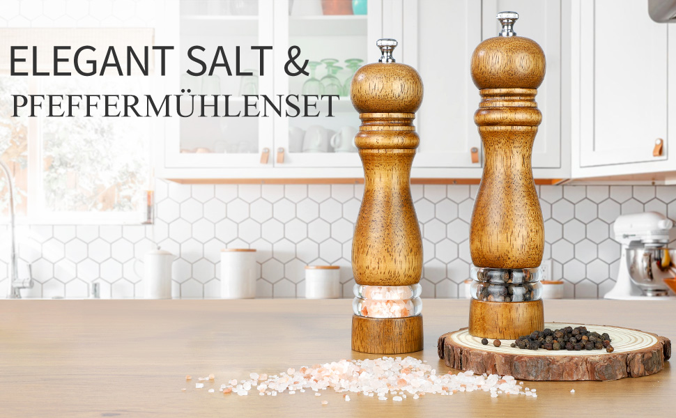 Набір для солі та перцю Jepsen: ручні млини з дерева, наповнювані, з регульованим керамічним ядром, 2 шт.
