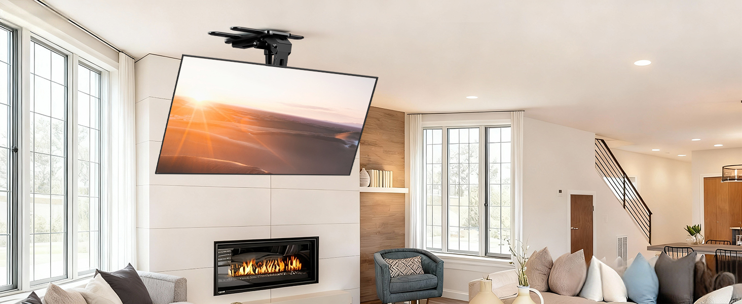 Електричний стельовий кронштейн для телевізора 37-75 дюймів, чорний - похилий, з пультом ДУ, до 45 кг