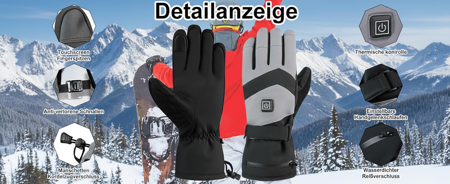 Гріючі рукавички 7.4V 3000mAh для жінок та чоловіків, водонепроникні, вітрозахисні, з підтримкою сенсорного екрану, для мотоциклів, активного відпочинку, походів та кемпінгу (L, Чорний)