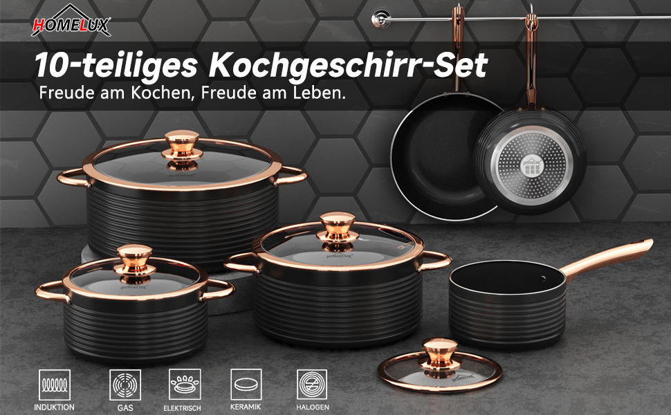 Набір каструль та сковорідок HOMELUX Induktion, 12 шт., алюміній, антипригарне покриття, з кришкою, для індукційних плит, PFOA & PFOS-free