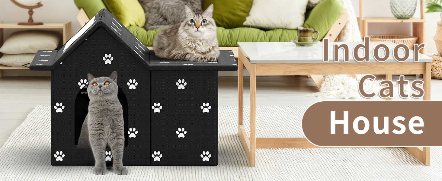 Кіт Будинок для Зовні Зимостійкий, Будинок для Вуличних Кішок з Знімними Подушками, Захист від Холоду для Тварин з Завісою на Дверях, Легко Збирається, Зелений (Чорний, 33 x 38 x 43 см)