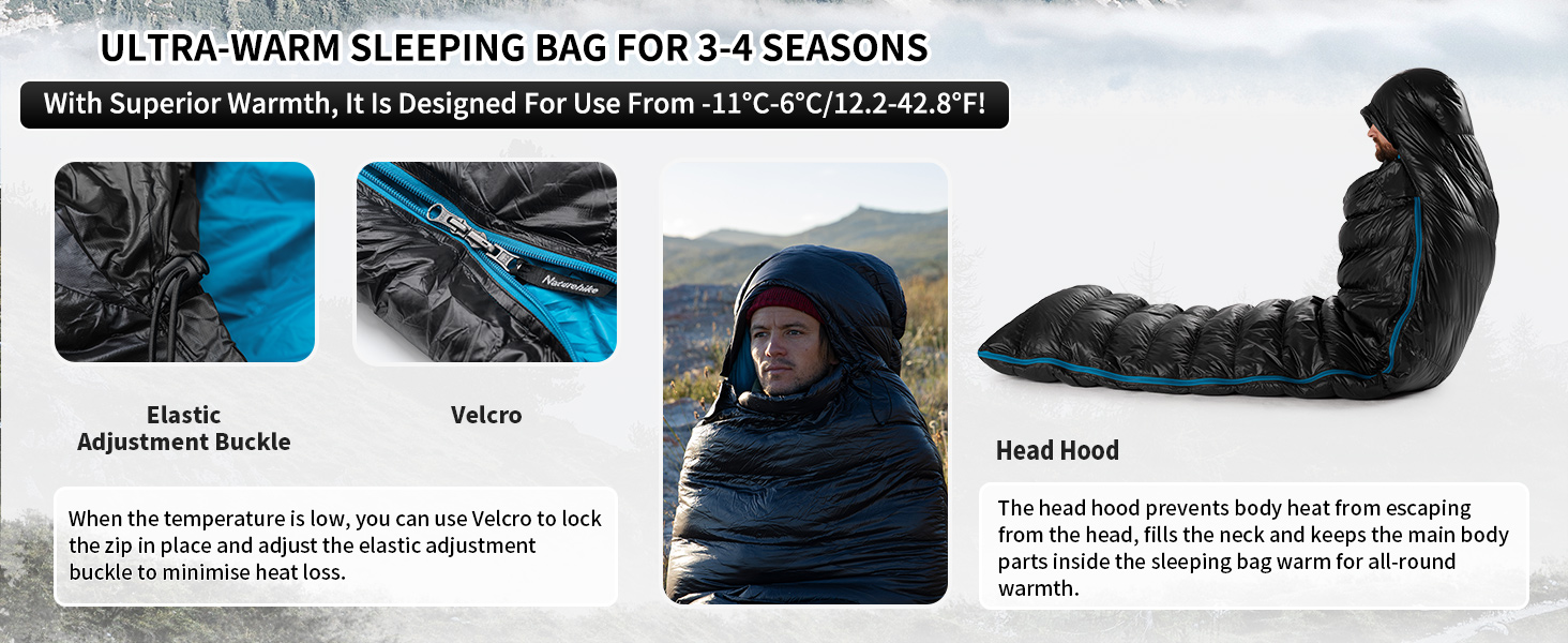 Спальний мішок Naturehike CW400: ультралегкий, пуховий, для дорослих, -11°C—6°C, з компресійним водонепроникним чохлом. Підходить для походів, велопоїздок та кемпінгу. Чорний колір.