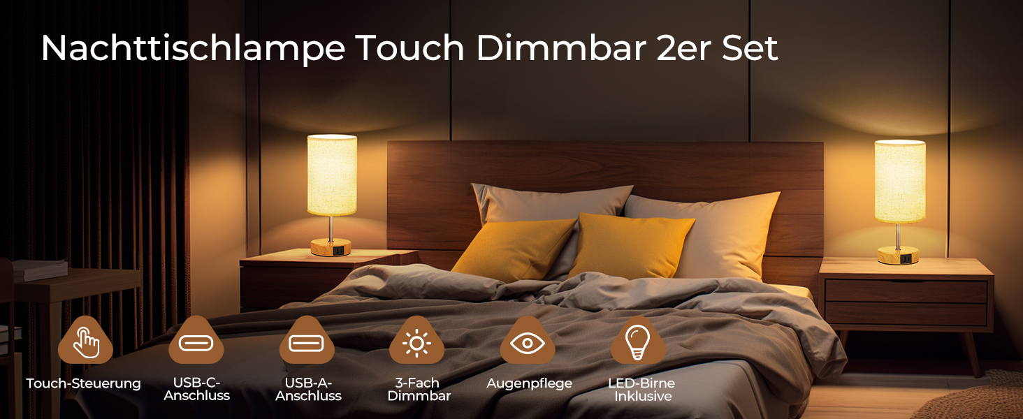 Настільна лампа Suright з торшером з льону, USB-портами A+C, регулюванням яскравості, дерев'яною основою, для спальні/вітальні (LED-лампочка в комплекті), 2 шт. - бежева