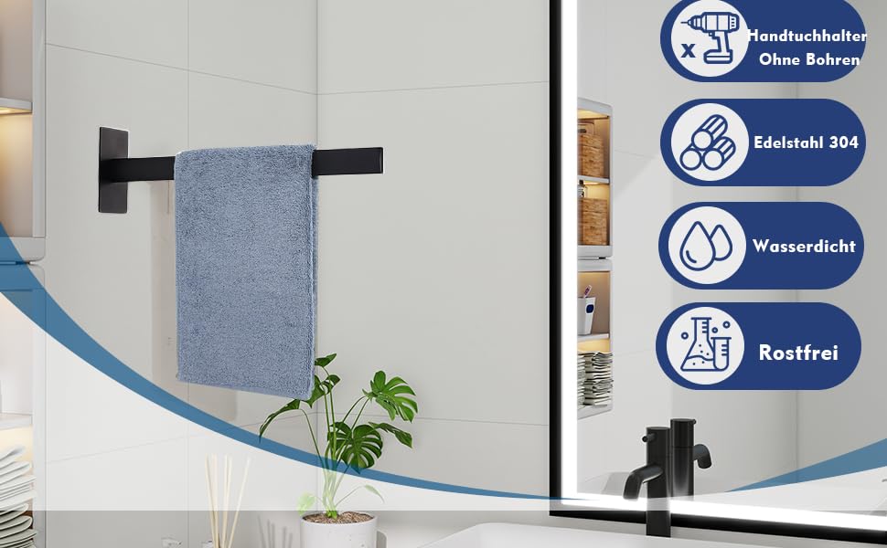 Тримач для рушників настінний з нержавіючої сталі, без свердління, подвійний, для ванної кімнати та кухні, срібний (чорний, односторонній)