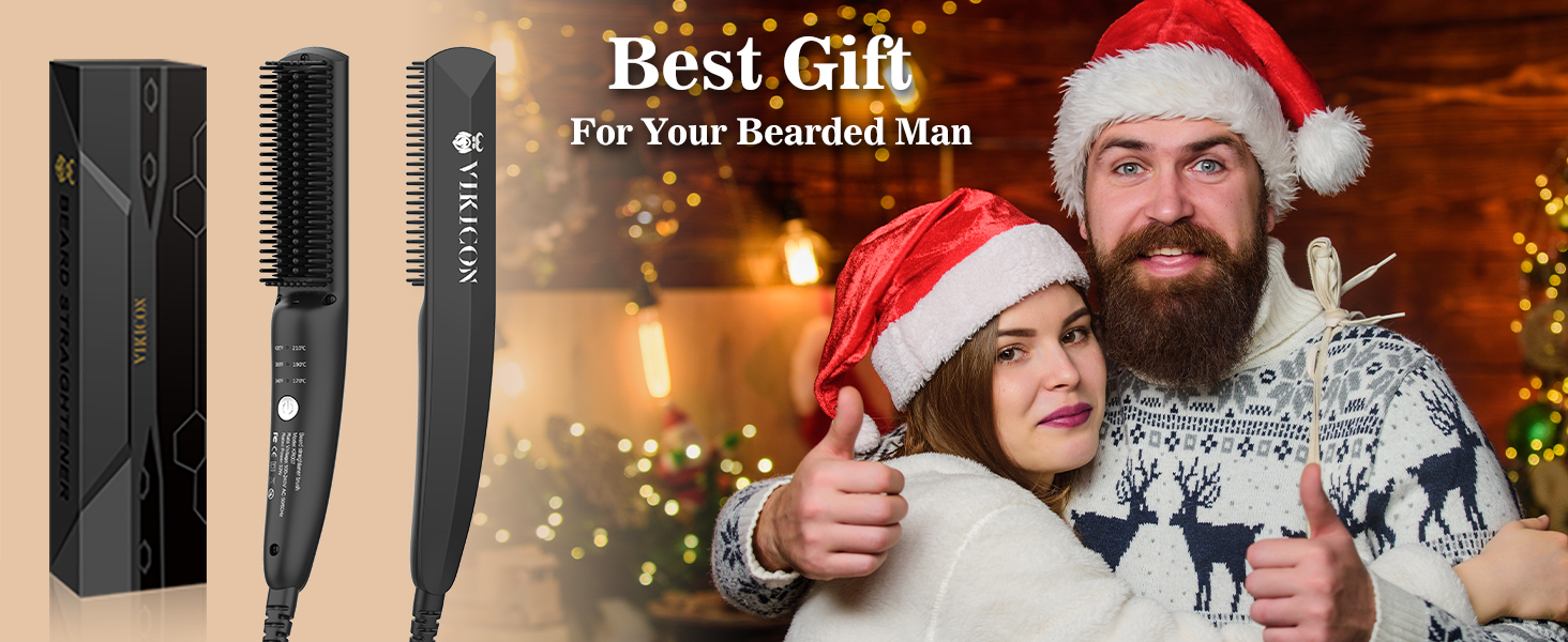 VIKICON Men's Beard Straightener - Mini Electric Beard Flat Iron, 30s Style Heated Brush Comb, Ionic Hair Straightener for Long & Short Beard Styling - Black