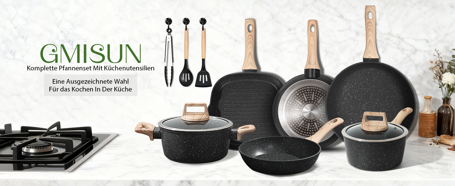 Набір каструль та сковорідок GMISUN 11 предметів з нержавіючої сталі, індукційне дно, для всіх типів плит, без PFOA/PFOS, чорний