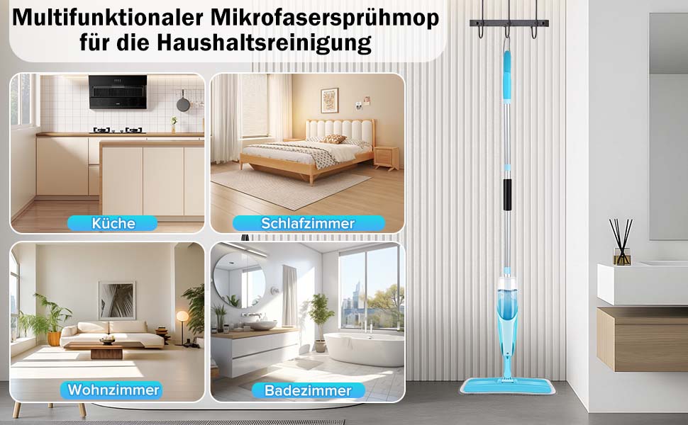 Віскер з функцією розпилення Homgif, 360° обертання, з баком для води 420 мл, 3 мікрофібрових насадки, для всіх типів підлоги (червоний, синій)