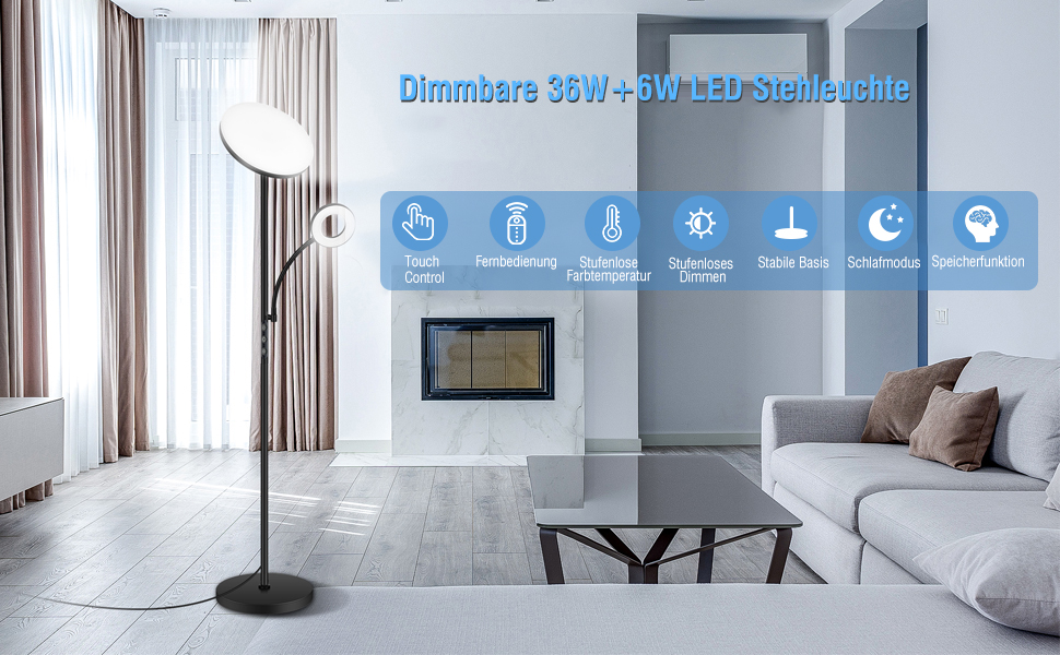 Стельовий LED-прожектор 42W з регулюванням яскравості та лампою для читання, 4200LM, 2700K-6500K, дистанційне керування, сенсорне управління, сучасна підлогова лампа для вітальні, спальні, офісу