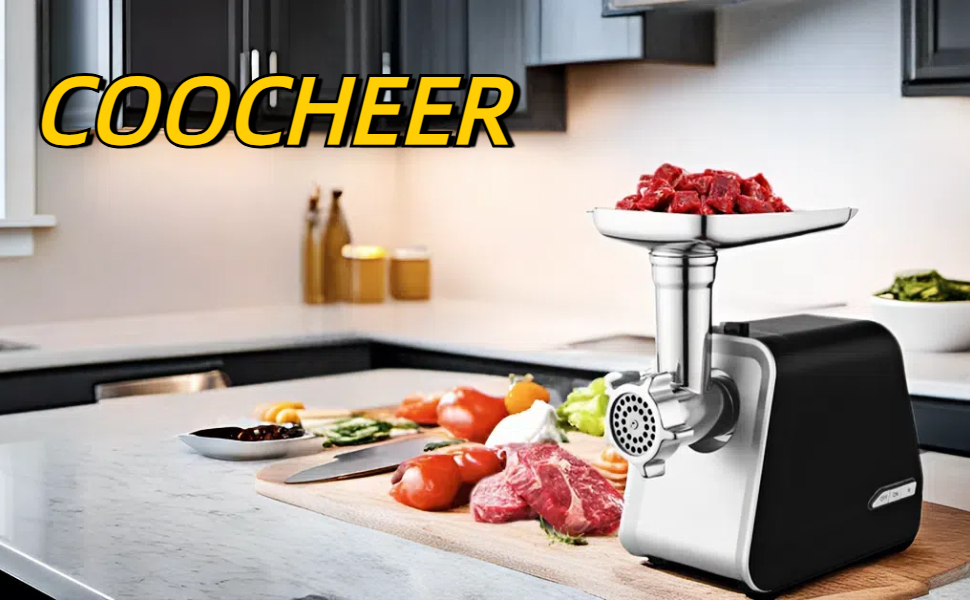 Електричний м'ясоподрібнювач COOCHEER 2000W з 3 насадками для фаршу, ковбас та кіббе. Ідеально для приготування дитячого харчування вдома.