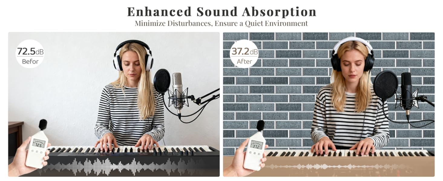 Акустичні панелі JBER самоклейні для звукоізоляції, шумопоглинаючі стінові панелі «цегляний» для студії, геймерської кімнати та офісу, 30x30x1 см, 12 шт, колір чорний крейда