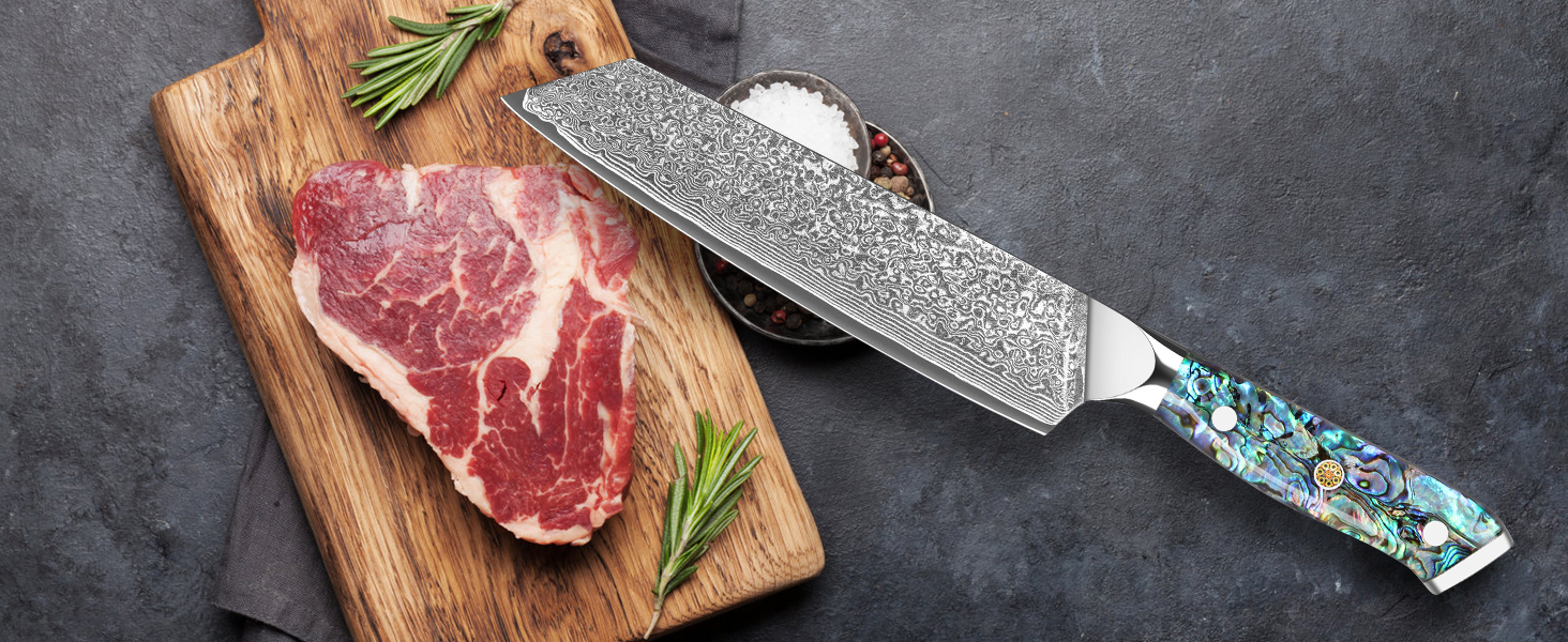 Ніж Santoku з дамаської сталі 18 см: преміум якість, VG-10 сталь, ручка з мушлі Абалоне, подарункова коробка