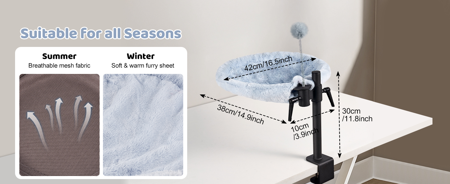 Кішка ліжко на стіл Odoland - 360° обертається та регулюється по висоті, м'яка гамак для котів з 2 знімними чохлами, місце для сну для дому/офісу - для цілорічного використання (Сірий)