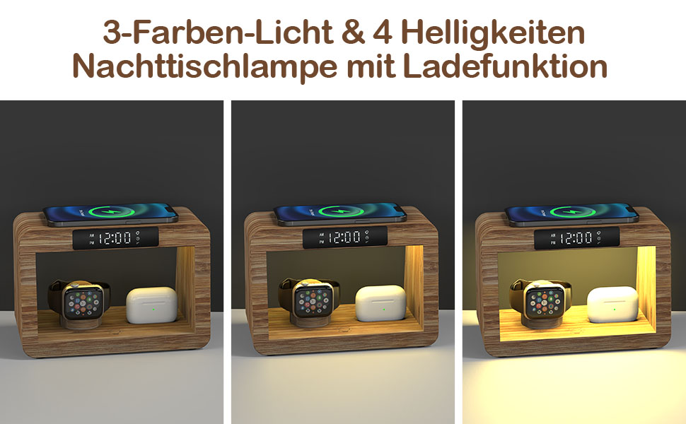 Багатофункціональна бамбукова зарядна станція 5-в-1 з бездротовим зарядним пристроєм, світлодіодним нічником та годинником, сумісна з Apple Watch, AirPods, Samsung Galaxy та іншими пристроями