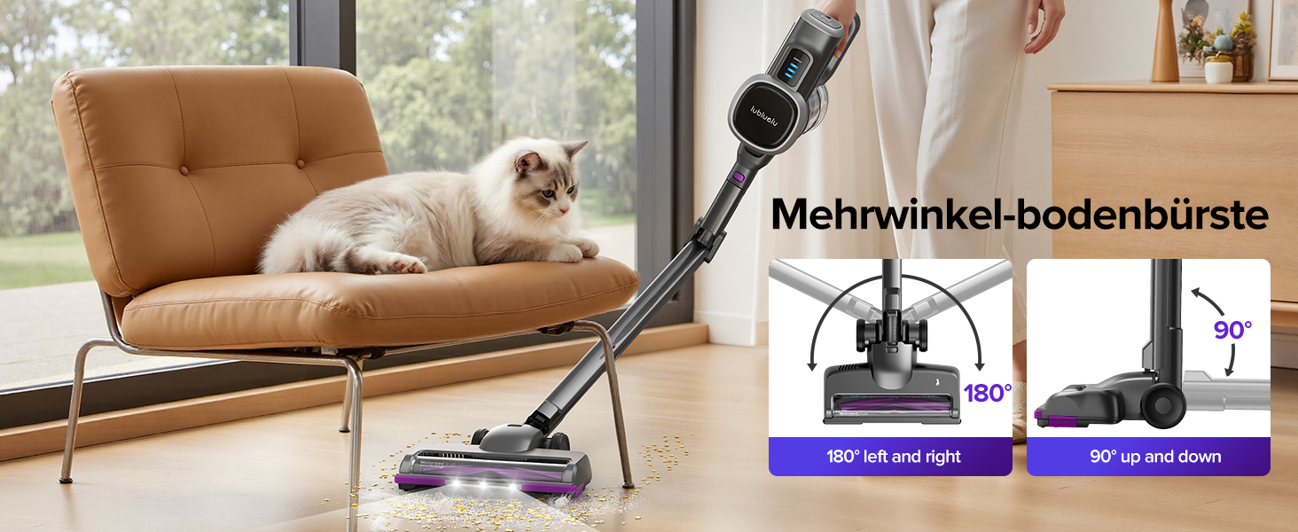 Бездротовий пилосос Lubluelu: легкий, тихий, з LED-дисплеєм та складним трубою. Потужне всмоктування для шерсті тварин, килимів, твердих поверхонь та авто (чорно-фіолетовий)