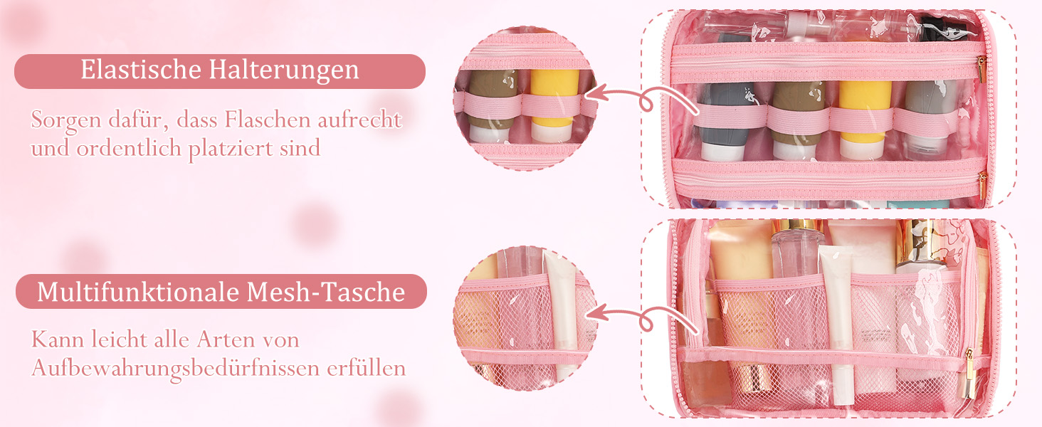 Кришталево-рожева дорожня косметичка для жінок з організатором для прикрас та гачком, водонепроникна, з кількома відділеннями