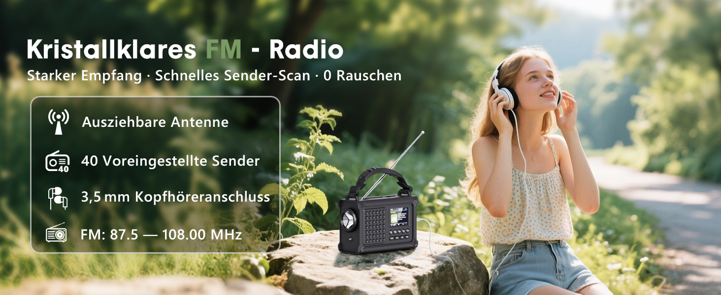 ROCAM Радіоприймач на ручку DAB+/UKW, портативне аварійне радіо з сонячною панеллю 8500 мм² та ручкою 650 мА, цифрове радіо з Bluetooth, 2.4' кольоровий дисплей, 80 станцій, SOS, LED ліхтарик, USB, IPX6 для кемпінгу, чорний