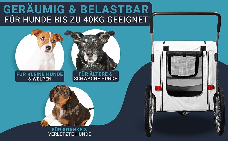 2-в-1: велосипедний причіп та візок для собак - для малих та великих собак до 40 кг. З безпечним ременем, відбивачами, дощем та прапором.