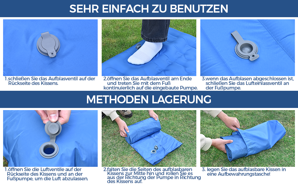 Self-Inflating Camping Mat with Built-in Foot Pump & Pillow - Waterproof Air Mattress for Hiking, Beach, Travel, Tent (Blue) - 3 Pack