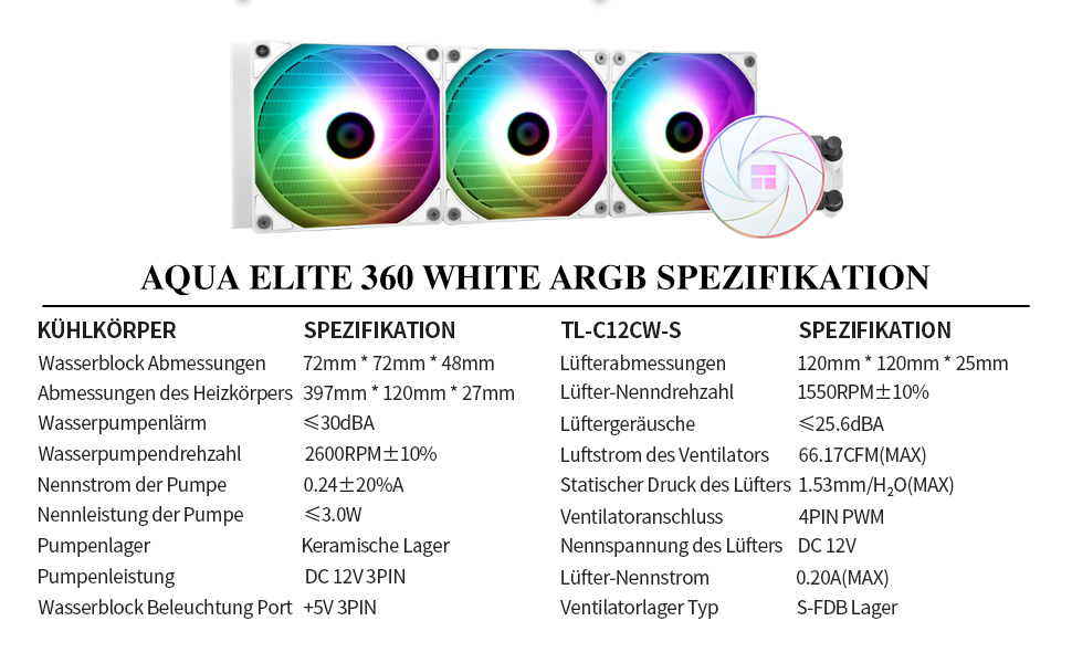 Thermalright AQUA ELITE 360 ARGB: Система водяного охолодження CPU з 3 вентиляторами 120mm, для AMD/Intel, білий колір