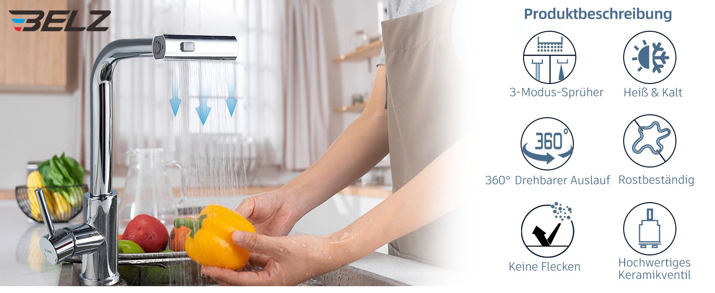 Змішувач для кухні BELZ з висувною лійкою, 3 режими, поворотний на 360°, з нержавіючої сталі SUS304, матовий хром