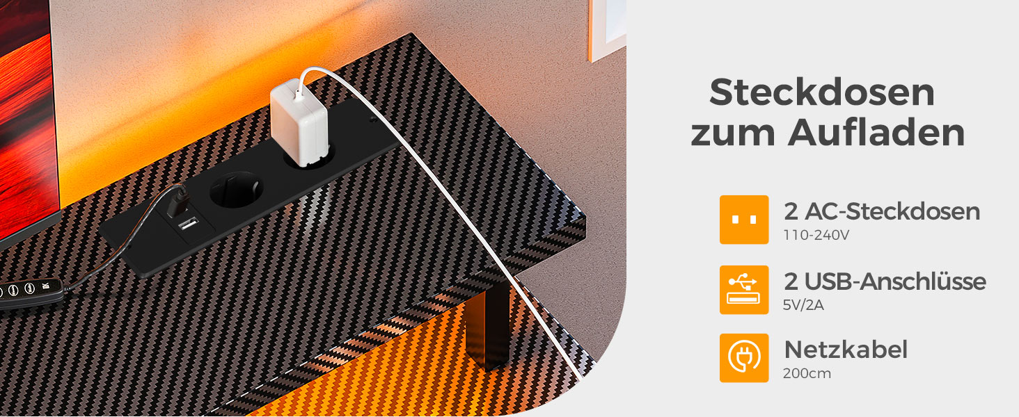 Ігровий стіл Coleshome з LED-підсвічуванням 120x50 см, з 2 розетками та 2 USB-портами, стіл для комп'ютера з підставкою для монітора та місцем для зберігання, для дому та офісу, чорний