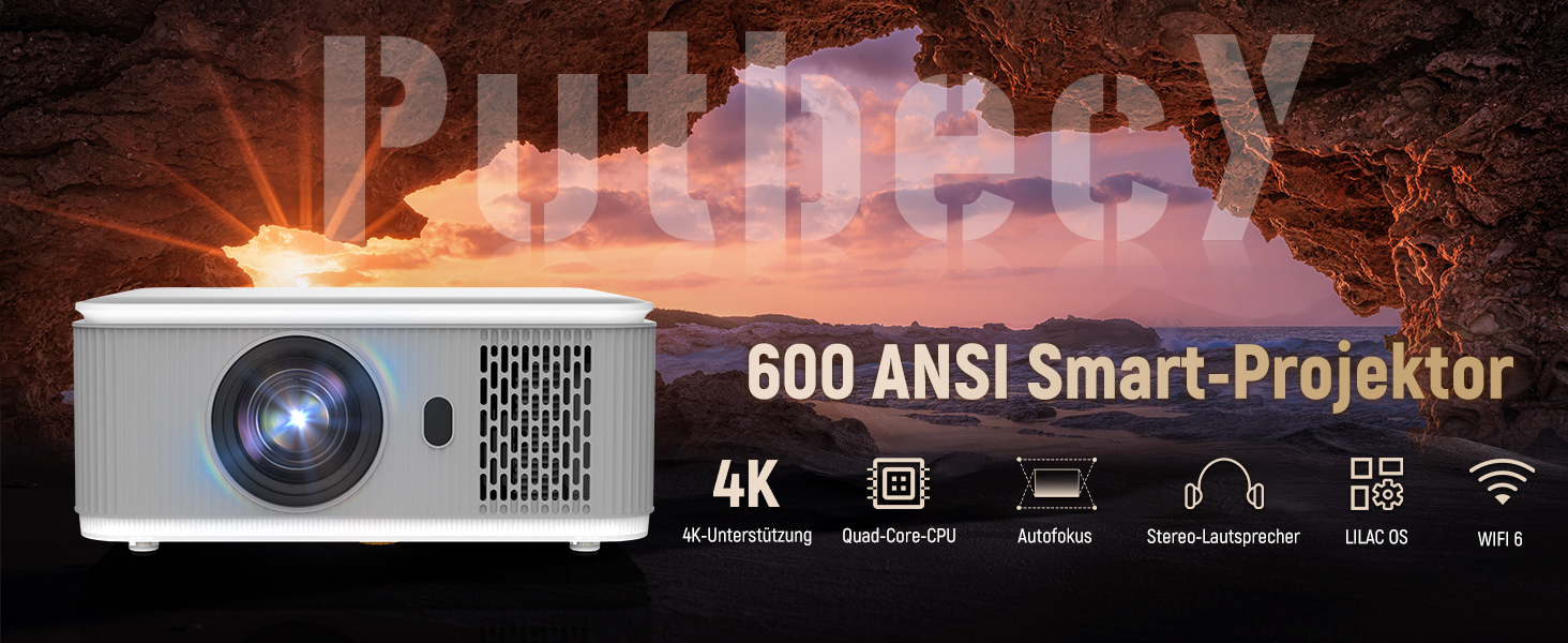 Портативний проєктор Mini Beamer 4K/1080p з Wi-Fi 6 та Bluetooth 5.4. Підтримка Auto Keystone, 200-дюймовий екран, сумісний з ноутбуками, смартфонами та TV (сірий)