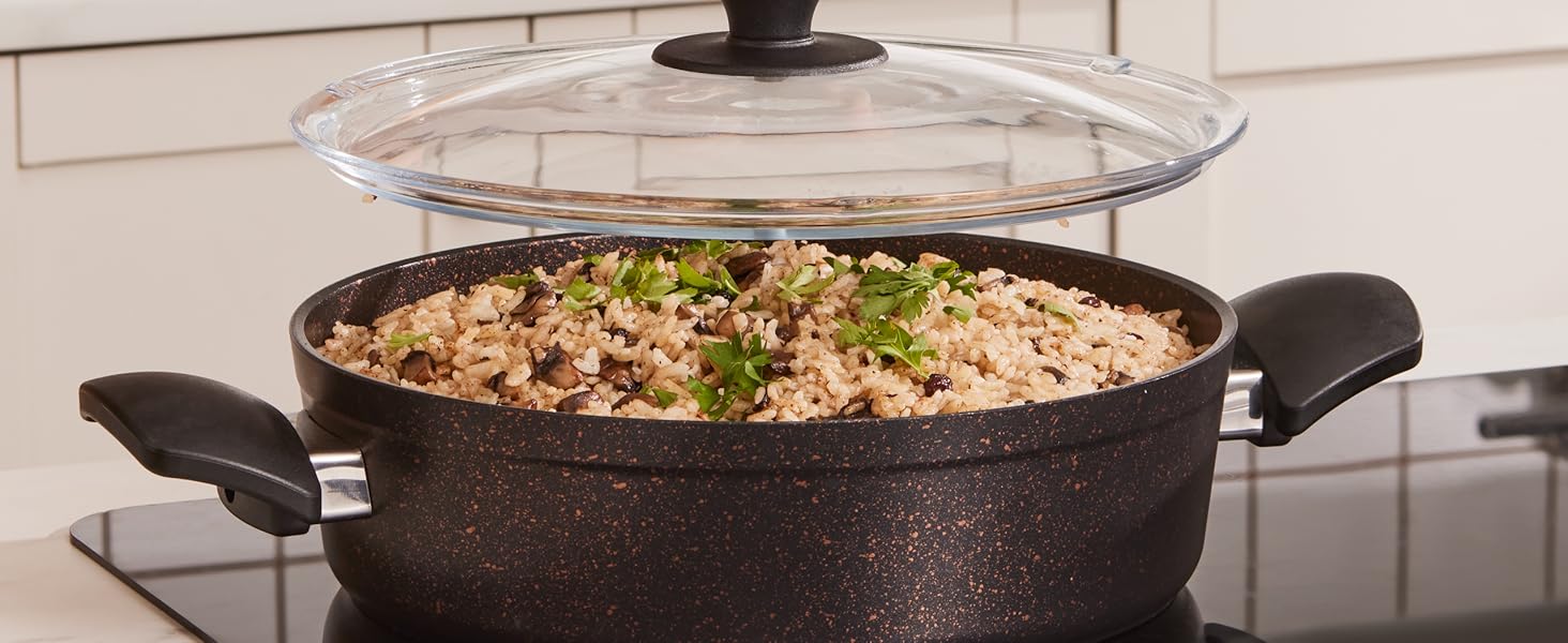 Набір кухонного посуду Karaca Biogranit Blackgold 12 предметів | Покриття з антипригарним ефектом | Стійкий до подряпин | Здоровий та екологічний | Енергоефективний | Елегантний дизайн | Легко миється (Чорний/Золотистий)