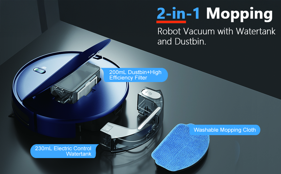 Робот-пилосос та миючий робот 2-в-1 з Wi-Fi, керуванням через додаток та пультом, потужне всмоктування, контейнер для пилу та бак для води, самостійна зарядка, ідеальний для шерсті тварин та твердих підлог, блакитний