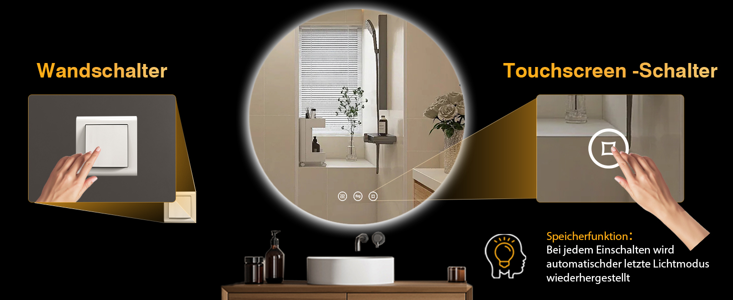 Дзеркало для ванної кімнати з підсвічуванням 70 см, LED дзеркало з підсвічуванням, 3 кольори світла, антизапарник, регульована яскравість, сенсорне управління, функція пам'яті, кругле, водонепроникне IP44, 70x70 см