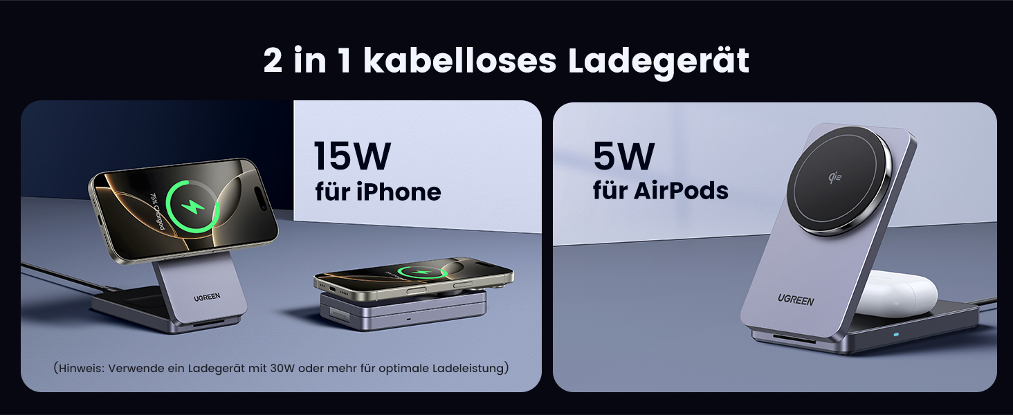 Зарядний пристрій UGREEN MagFlow Qi2 з підтримкою MagSafe, 15W, 2-в-1, для iPhone 17/16/15/14/13/12, AirPods 2/3, з кабелем 1м