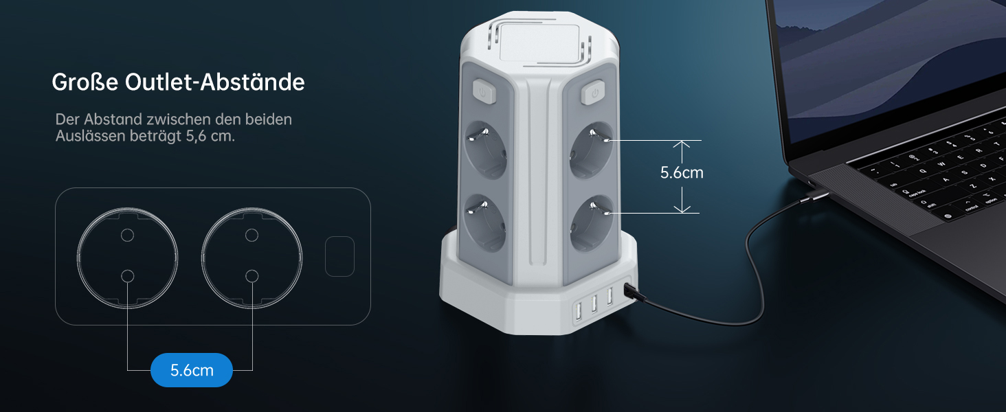Многорозеткова мережева панель Sameriver з 4 USB, захист від перенапруги, з вимикачем, 8 розеток, 5 м, біла