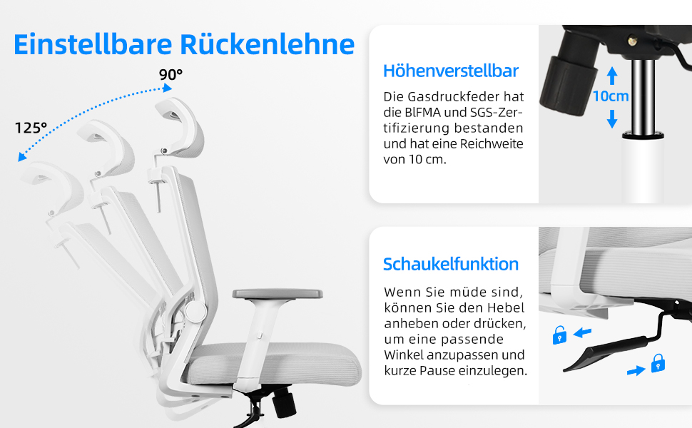 Ергономічне крісло Daccormax для офісу з регульованою підголівником, підлокітниками та підтримкою попереку. Офісне крісло, поворотне, з функцією гойдання, mesh-сидіння, для спини, до 150 кг (сірий)