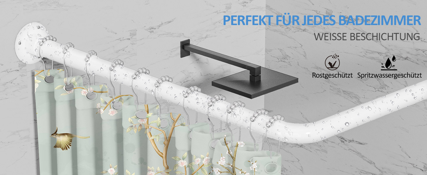 Регульована штанга для душу L-подібної форми, 60-134 см, з кріпленням для завіси та підставкою для стелі, для ванни/ванної кімнати, білий, монтаж вимагає свердління