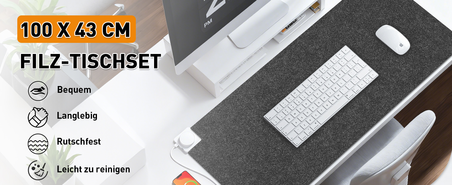 Підкладка під стіл з фетру 100 x 43 см, велика миша, антиковзаюча, для офісу та дому (темно-сірий)