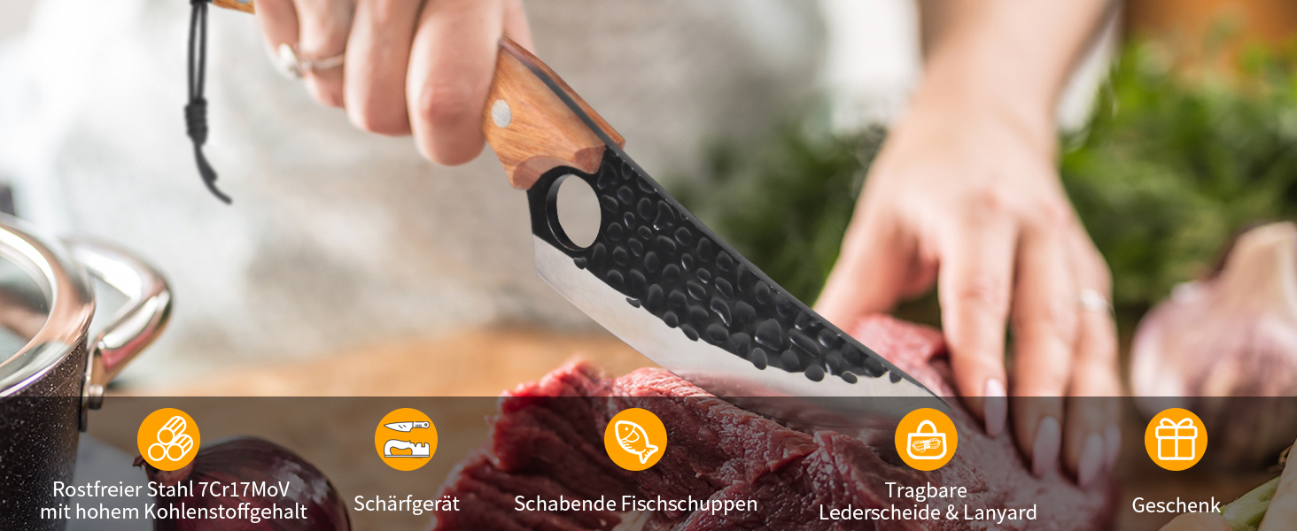 Ніж кухарський OOKUU, м'ясний тесак з точилкою та шкіряною піхвою, професійний ніж для обвалювання, гострі кухарські ножі в японському стилі, тесак для кухні на відкритому повітрі